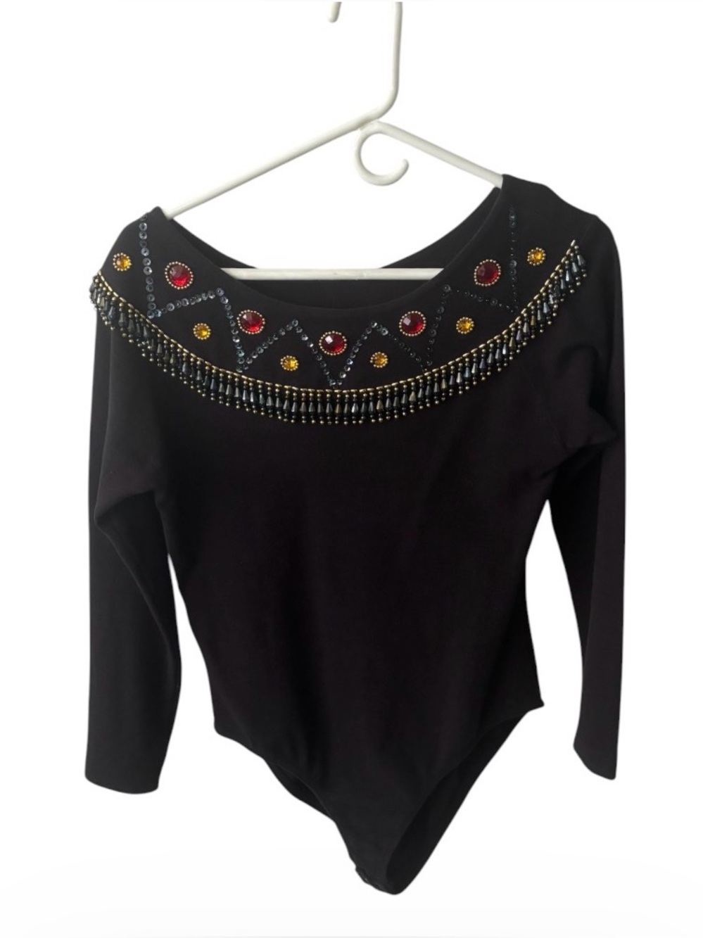 Vintage Instant Action Black Rhinestone Beaded Long-Sleeve Bodysuit